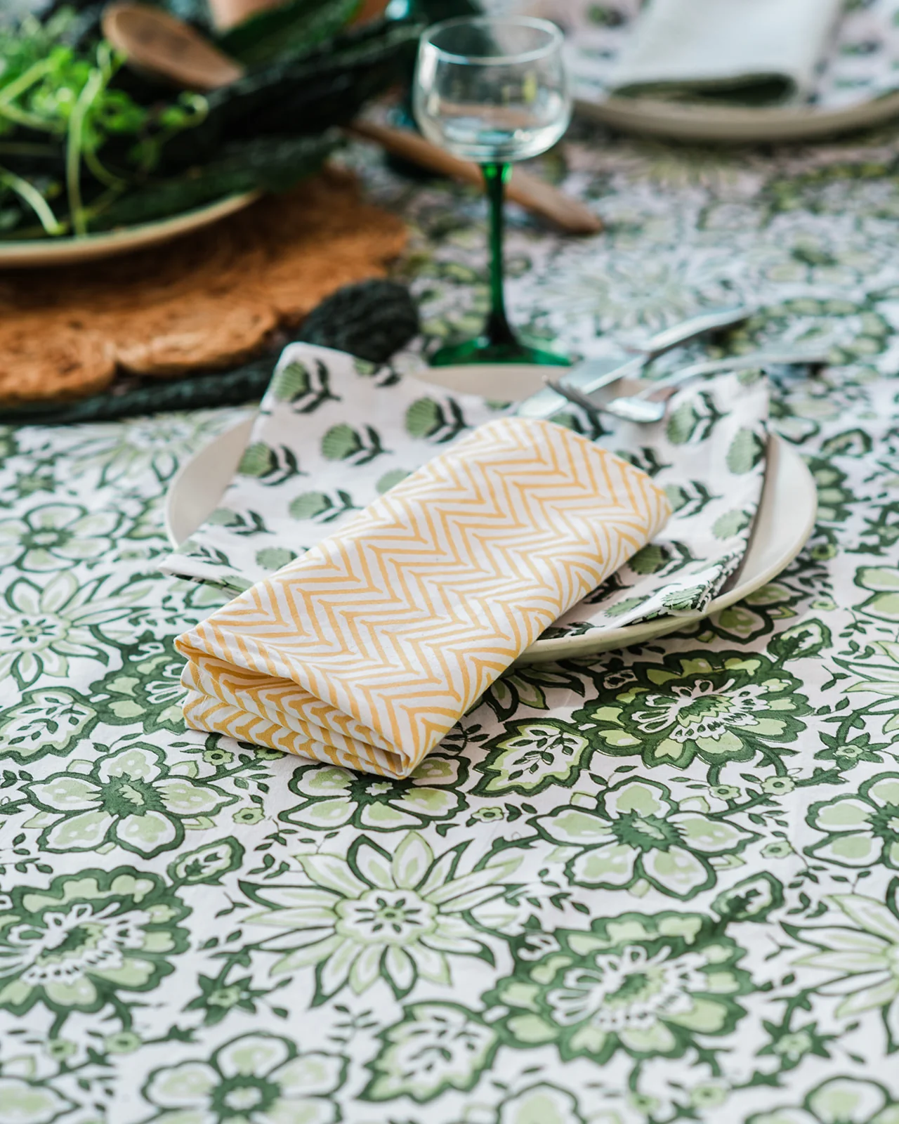 Constance Denny & Meadow Green hand block printed tablecloth
